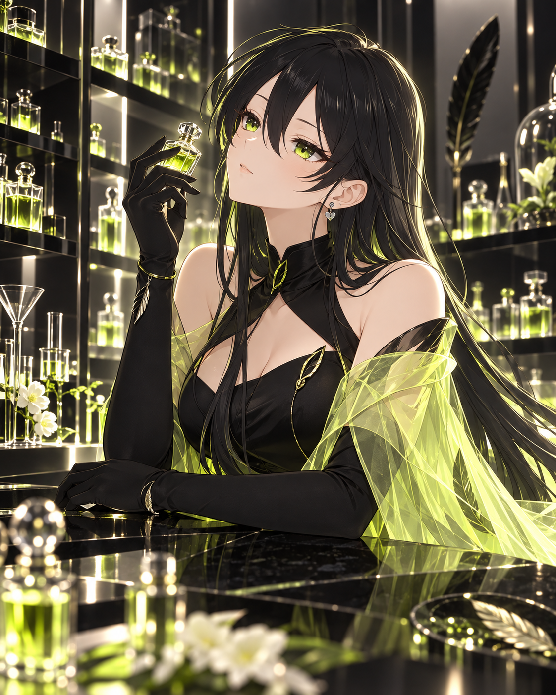 Robinhood-chan at a glowing perfume bar in an elegant lounge