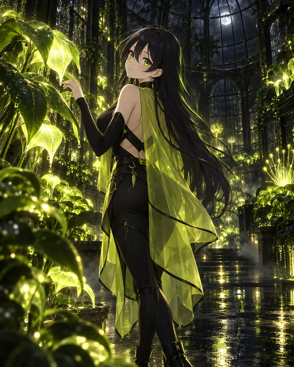 Robinhood-chan in a glowing greenhouse at night