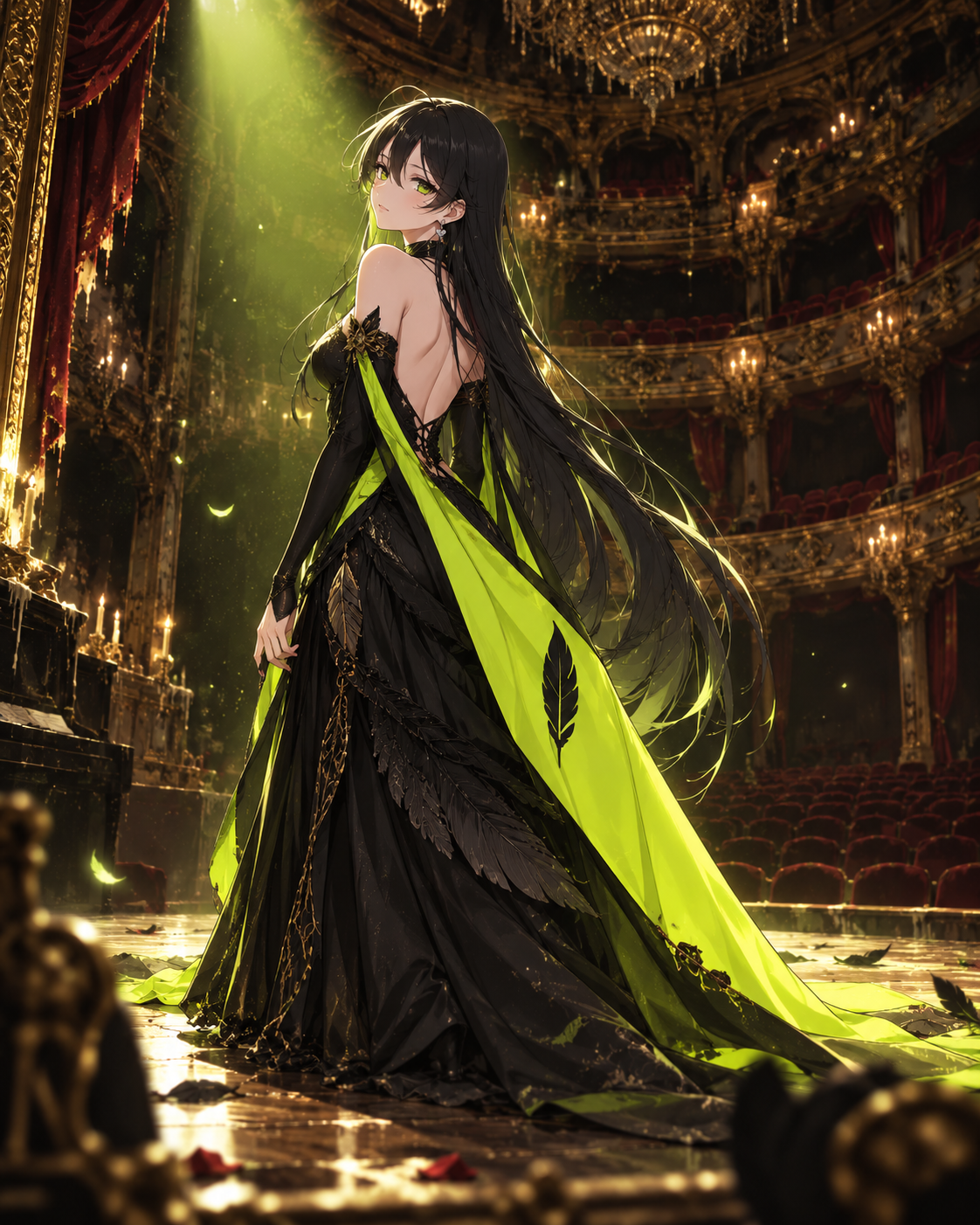Robinhood-chan in a black and lime gown on an opera house stage