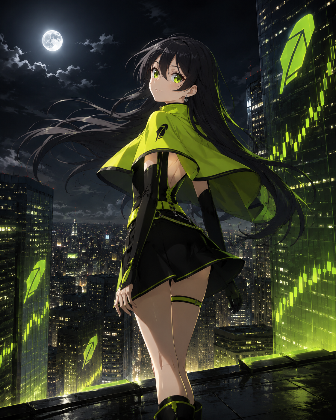 Robinhood-chan on a rooftop under a full moon with green candles