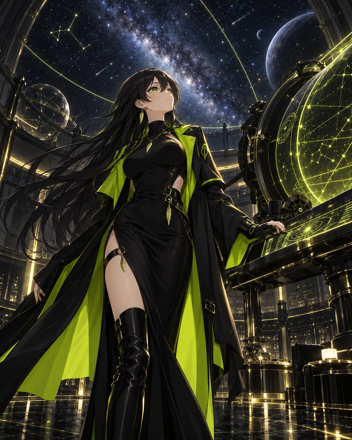 Robinhood-chan at a star observatory with glowing charts