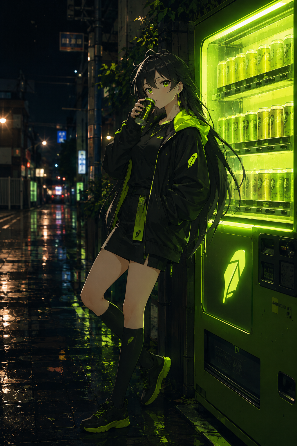 Robinhood-chan at a glowing green vending machine on a rainy street