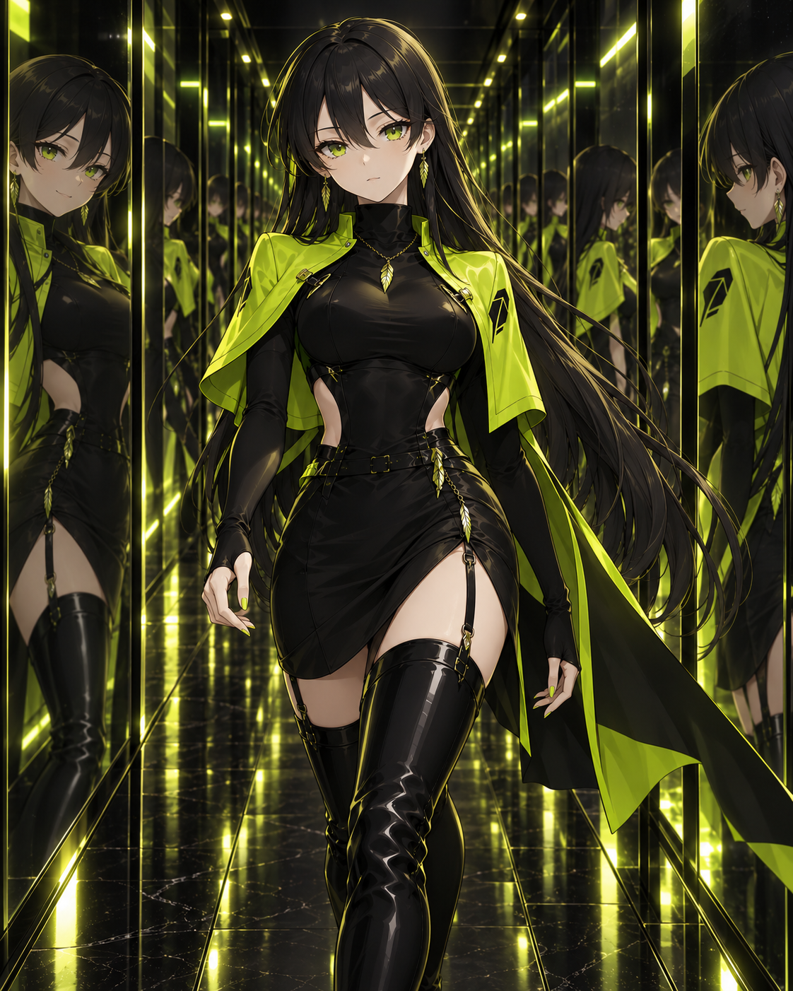 Robinhood-chan reflected in an endless green hallway