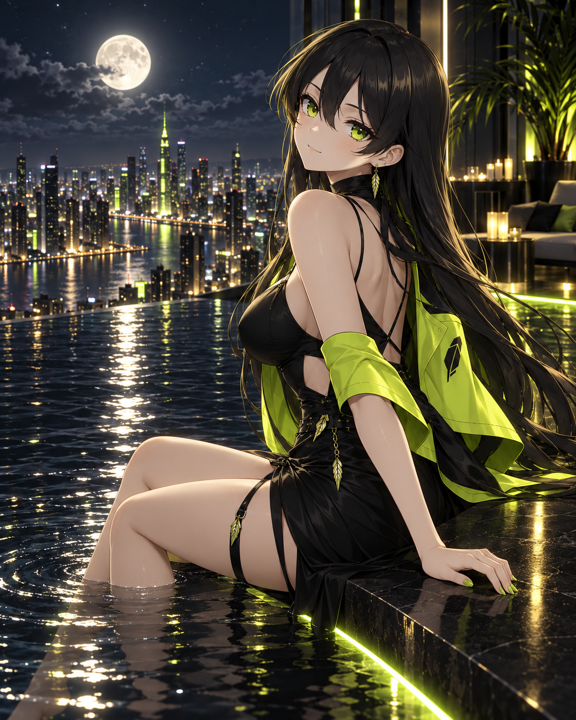 Robinhood-chan by an infinity pool under a full moon