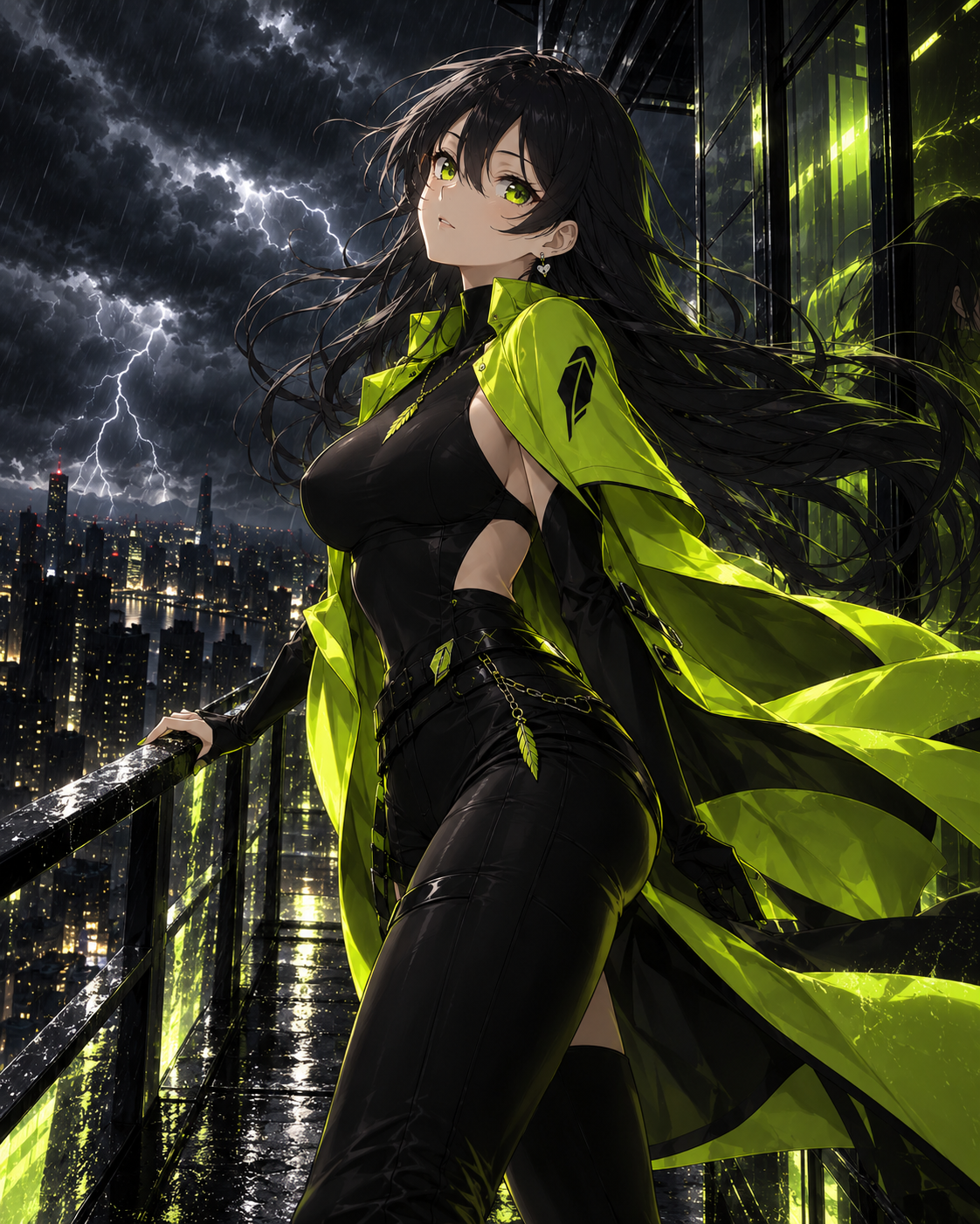 Robinhood-chan on a storm-lit balcony over the city