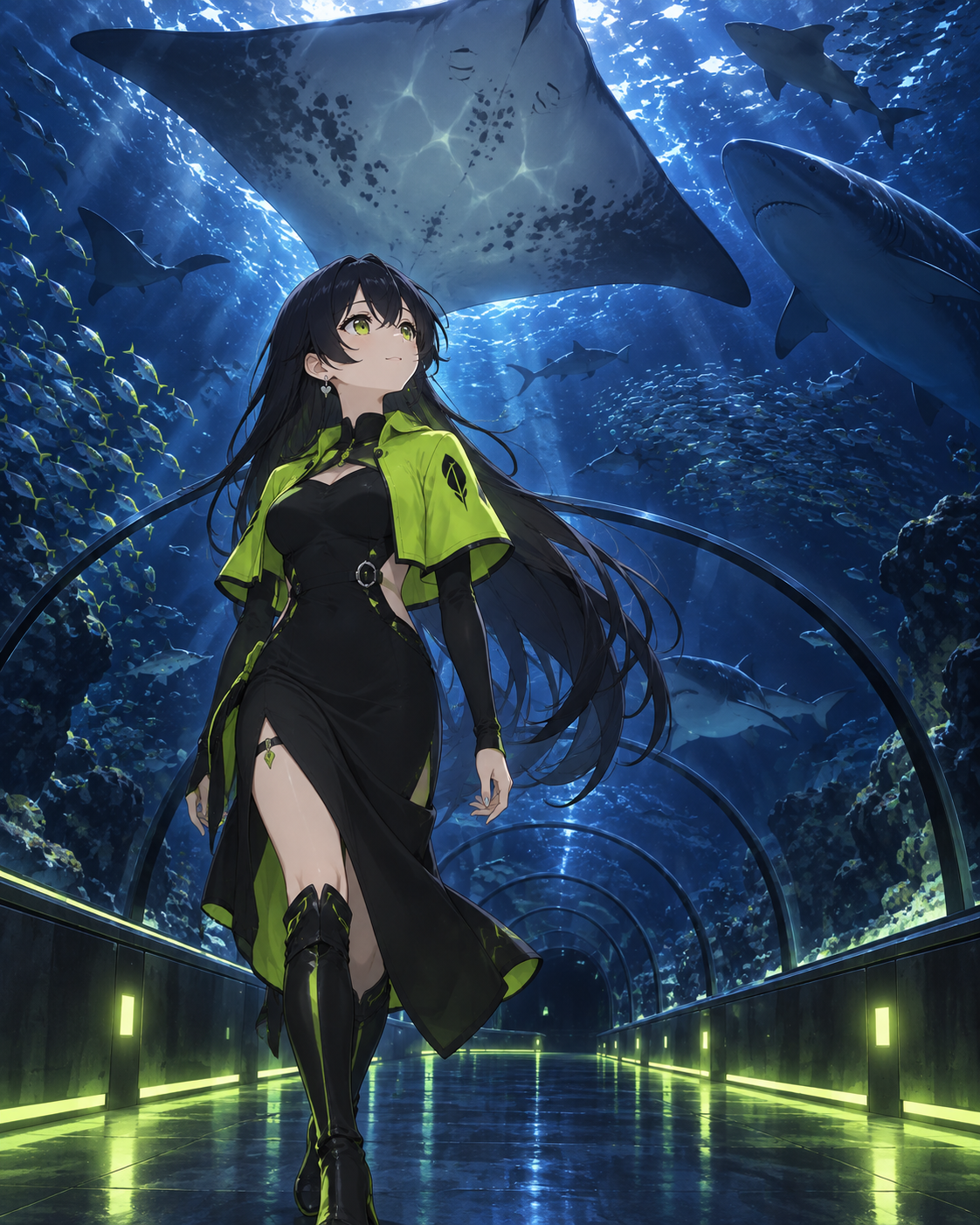Robinhood-chan walking through an underwater aquarium tunnel