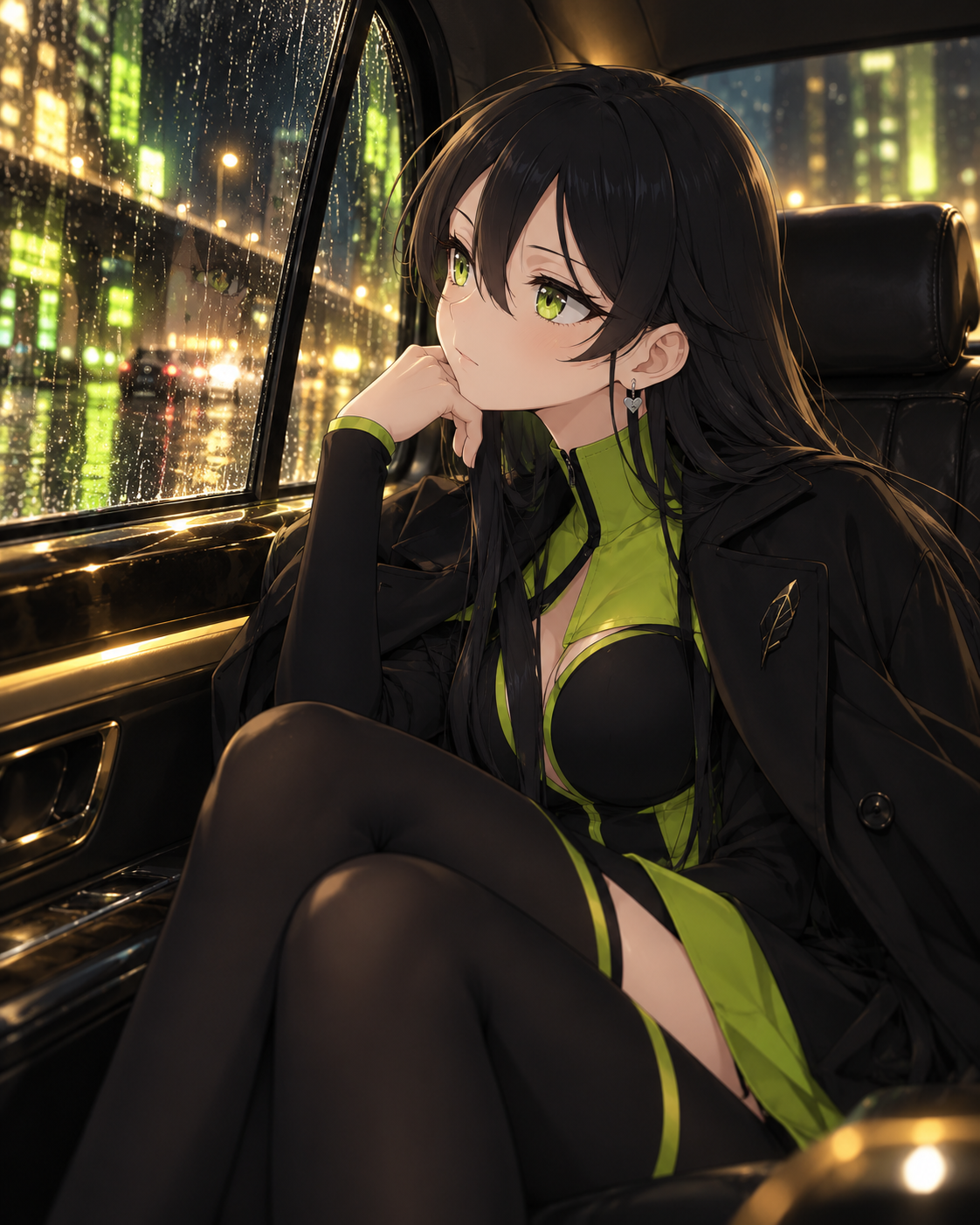 Robinhood-chan in the back seat of a car on a rainy neon city night