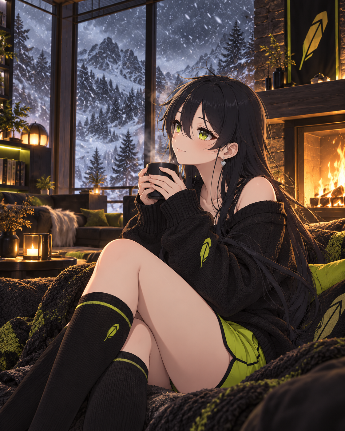 Robinhood-chan relaxing by a fireplace with a snowy mountain view